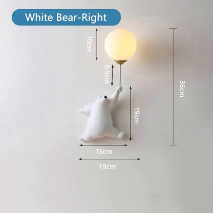 White bear wall lamp with spherical warm glass bulb and metallic stem for whimsical kids bedroom decor