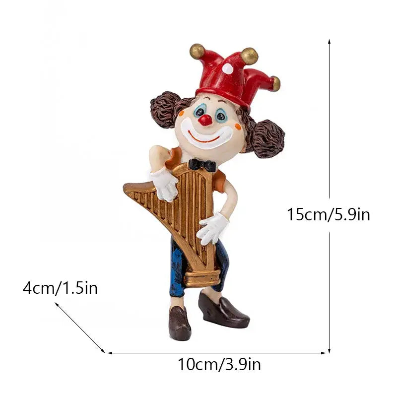A cheerful red jester clown resin art statue holding a golden harp with detailed painted resin decorbites clown resin