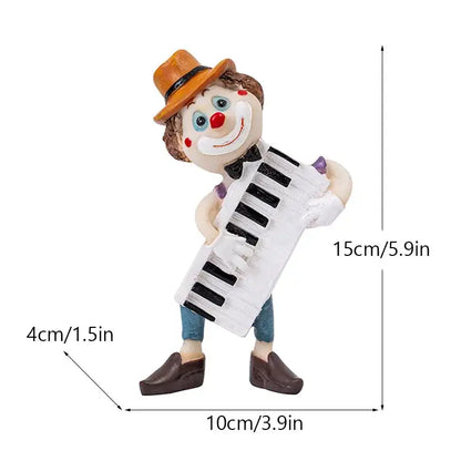 A whimsical decorbites clown resin art statue featuring a detailed brown hat and white accordion for living room decor