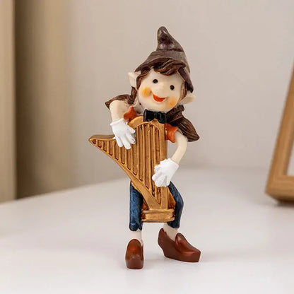 A charming brown elf resin art statue with a golden harp featured in decorbites clown resin living room decor