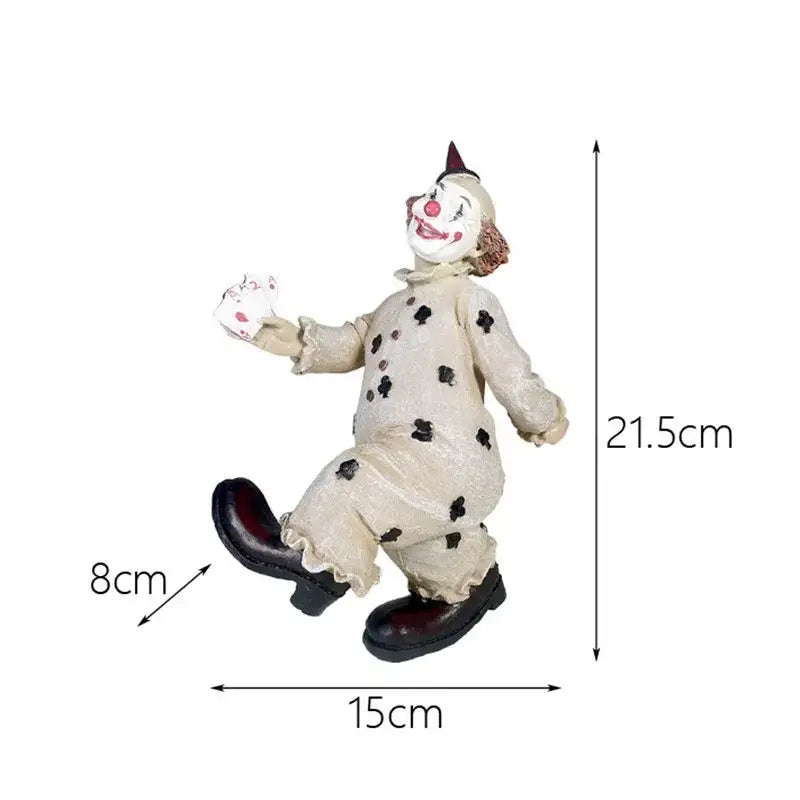 Whimsical cream circus clown joker figurine with black polka dots and ruffled attire for living room decor