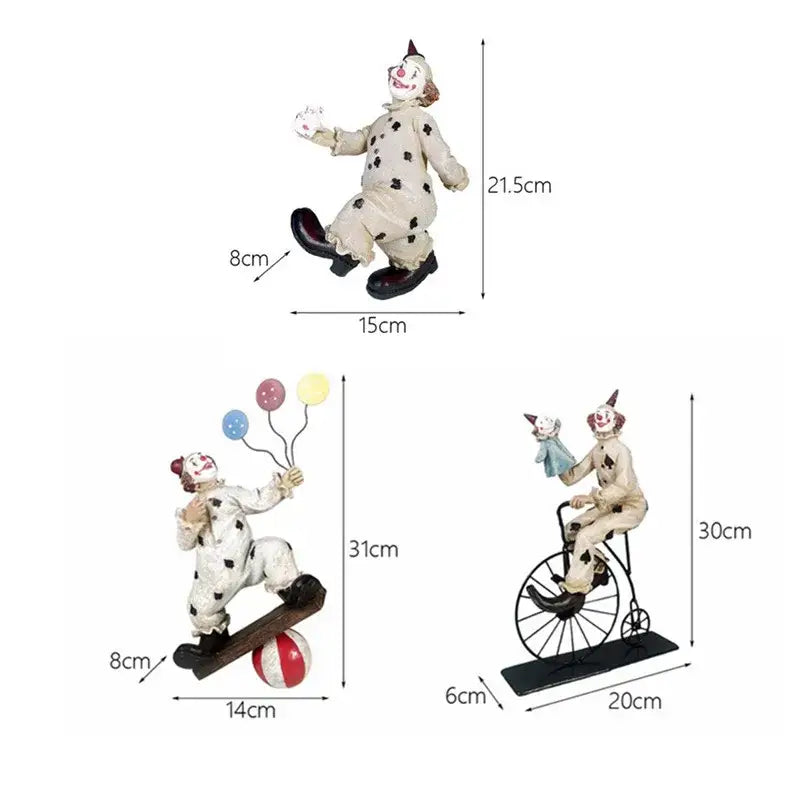 Whimsical cream circus clown joker figurine set features three painted resin clown joker figurines with detailed polka-dotted costumes
