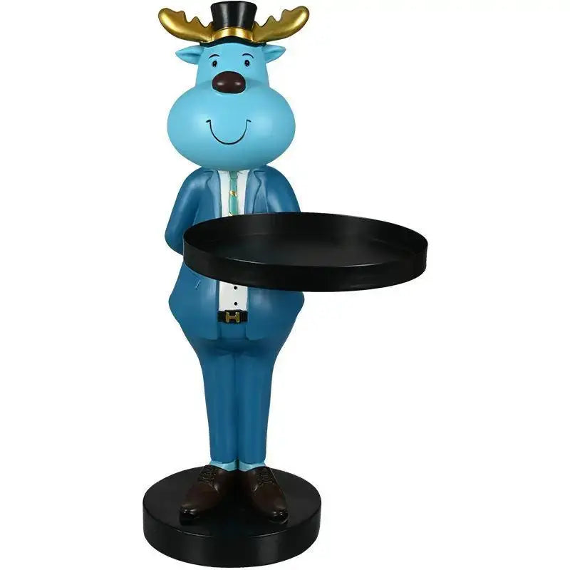 Blue resin whimsical dapper deer landing tray ornament with black top hat gold antlers holding round black tray for decor