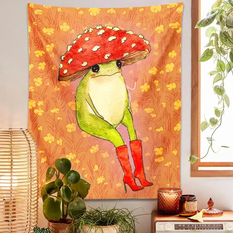 Whimsical orange frog cartoon tapestry featuring a cute frog in red boots holding a mushroom for bedroom decorbites decor