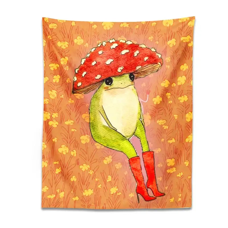 Whimsical orange frog cartoon tapestry featuring a cute frog in red boots holding a spotted mushroom for bedroom decorbites decor