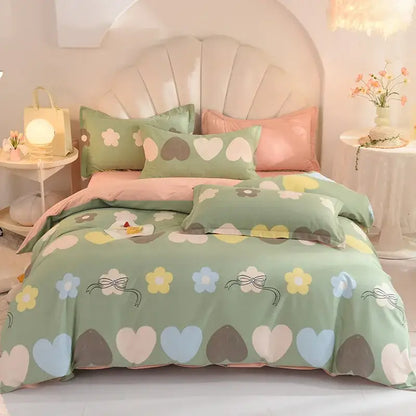 Pastel green floral heart-patterned bedding set made of decorbites cotton thickened fabric for bedroom decor