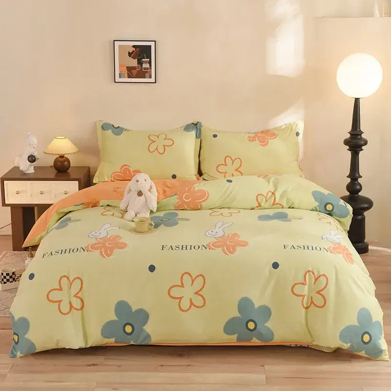 Pastel green floral cotton thickened bedding set with orange and blue accents for decorbites bedroom decor