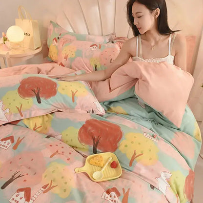Pastel-colored cotton thickened bedding set with whimsical tree and house pattern in soft pinks greens and yellows for decorbites