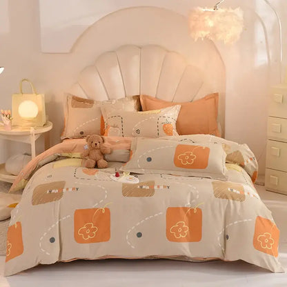 Beige and orange floral-patterned decorbites cotton thickened bedding set with soft cozy texture for bedroom decor