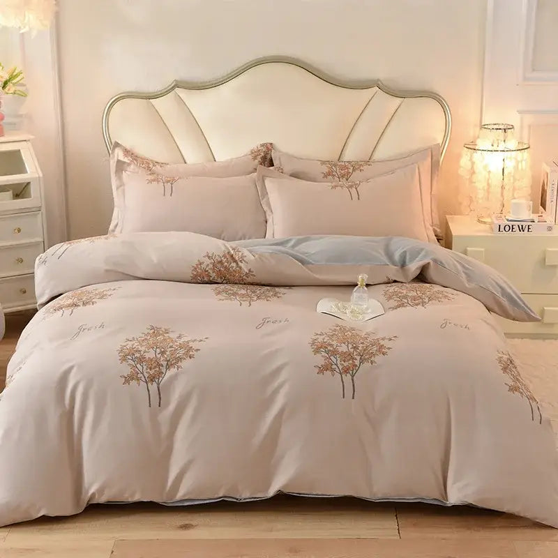 Beige decorbites cotton thickened bedding set with embroidered tree patterns and fresh script accents for bedroom decor