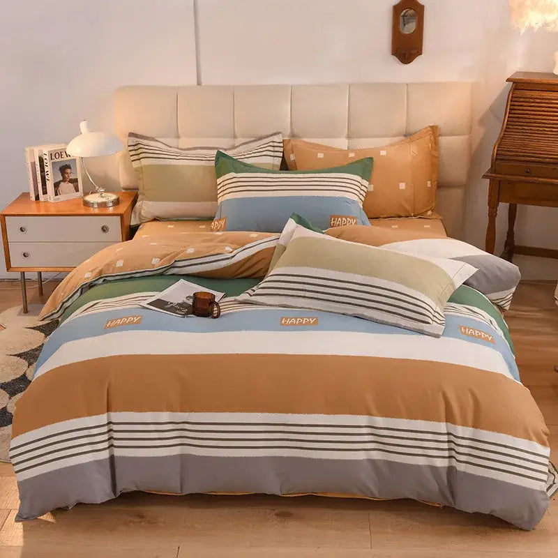 Cozy beige tufted bed with whimsical pastel mint cotton thickened bedding set featuring striped decorbites cotton thickened design