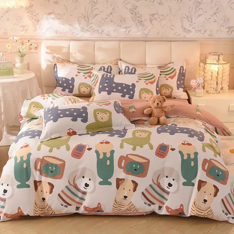 Whimsical pastel mint cotton thickened bedding set with playful dogs monkeys in soft pastel colors for bedroom decor
