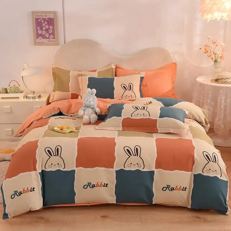 Cute pastel-colored rabbit-themed cotton thickened bedding set with cream orange and teal patchwork for bedroom decor