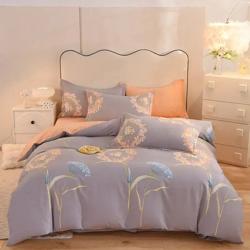 A soft lavender cotton thickened bedding set with delicate blue and peach floral pattern for bedroom decorbites decor
