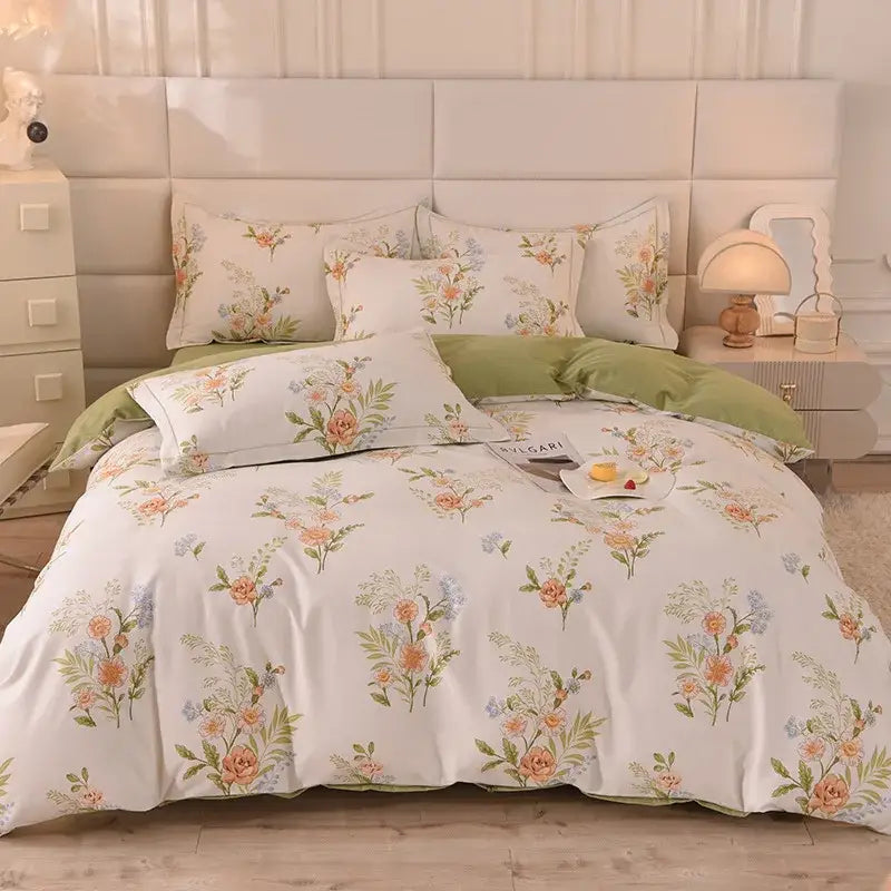 Whimsical pastel mint cotton thickened bedding set with soft white duvet cover featuring delicate peach green and blue floral decor