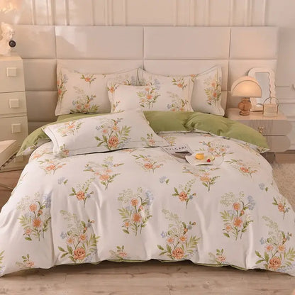 Whimsical pastel mint cotton thickened bedding set with soft white duvet cover featuring delicate peach green and blue floral decor