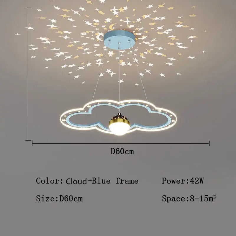 Whimsical pink and gold cloud flower led chandelier with blue frame and glowing starry light projection for decorbites cloud flower decor