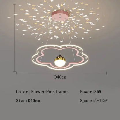 Whimsical pink and gold cloud flower led chandelier featuring a glowing white bulb with starry projection decorbites cloud flower
