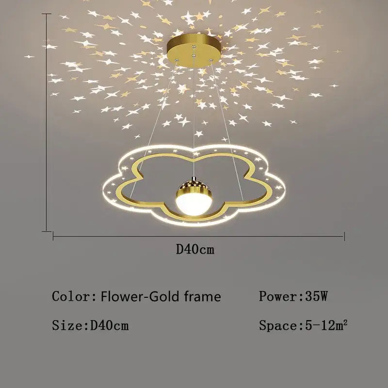 Gold cloud flower led chandelier with starry glow projection for whimsical pink and gold bedroom decorbites cloud flower light
