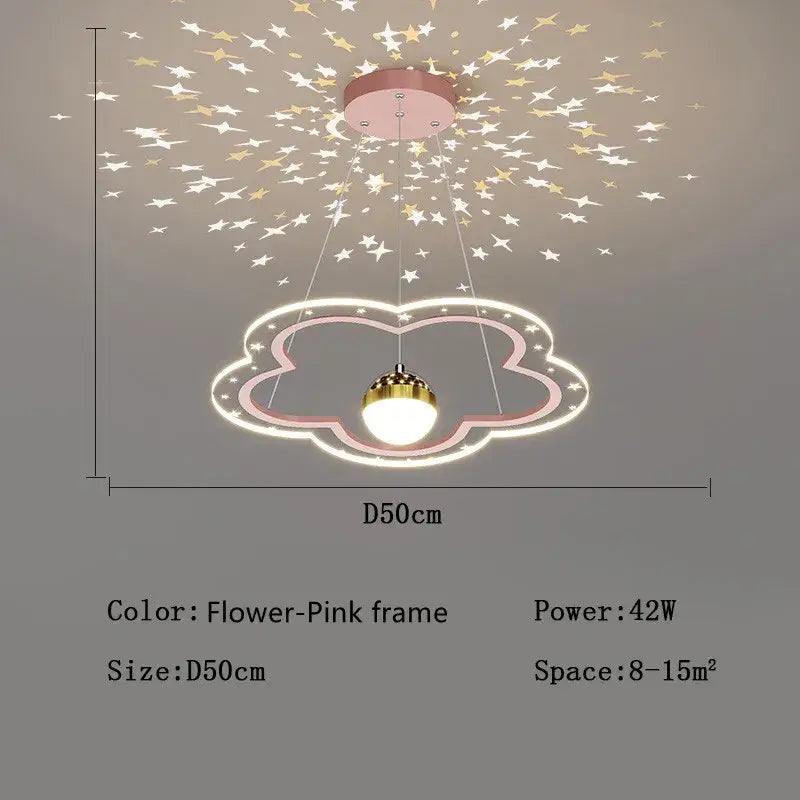 Whimsical pink and gold cloud flower led chandelier with glowing white led frame casting starry patterns by decorbites cloud flower