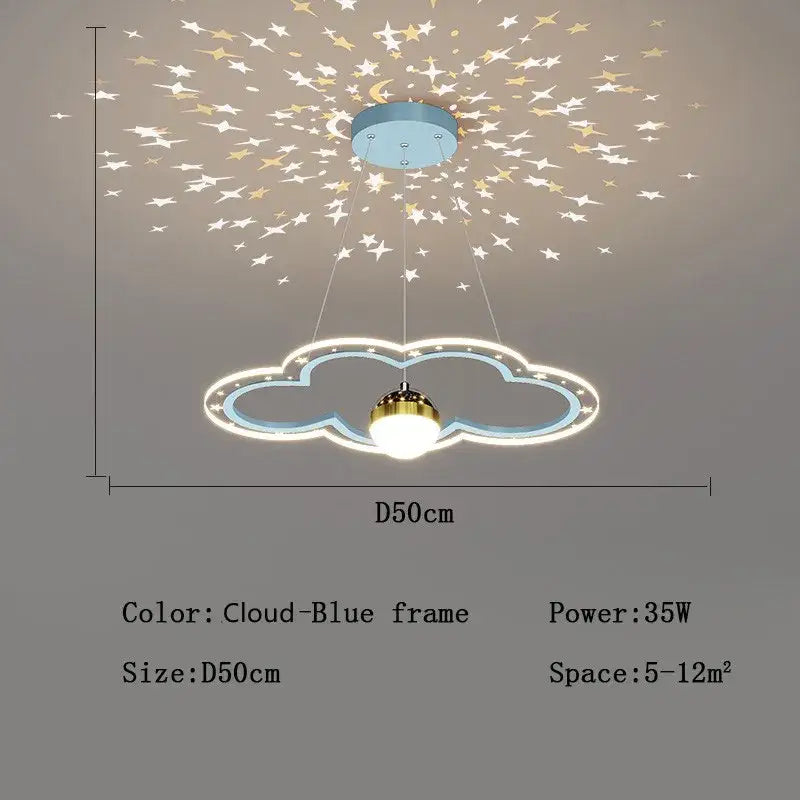 Whimsical pink and gold decorbites cloud flower led chandelier with blue frame glowing white leds and golden star projector bulb