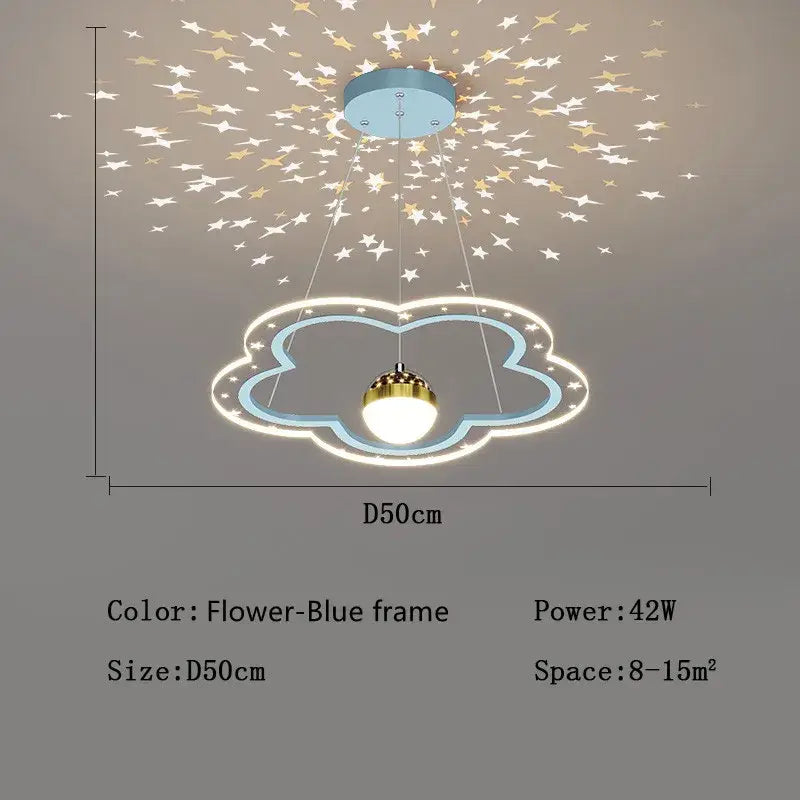 Whimsical pink and gold decorbites cloud flower led chandelier with a glowing starry projection and warm golden bulb