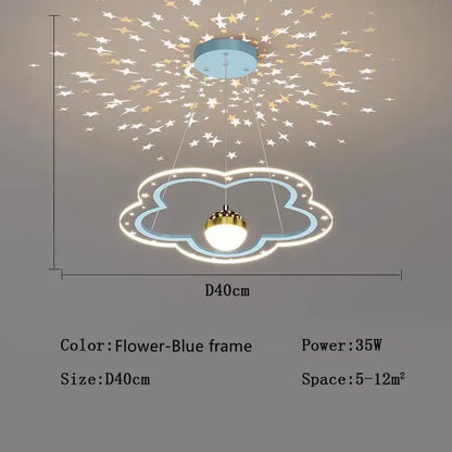 A charming flower blue cloud flower led chandelier with glowing gold bulb and starry projection for bedroom decorbites cloud flower