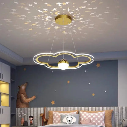 Gold-toned cloud flower led chandelier with glowing bulb and starry projection for whimsical bedroom decorbites cloud flower light