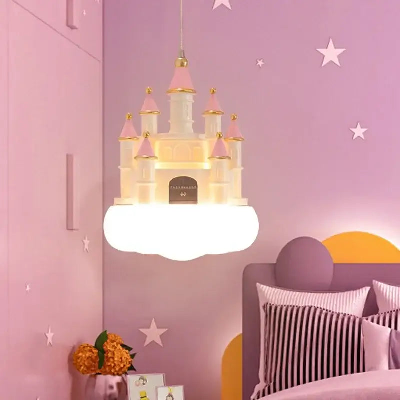 Whimsical pink and white castle kids chandelier led with gold accents suspended in pastel purple bedroom decorbites castle kids