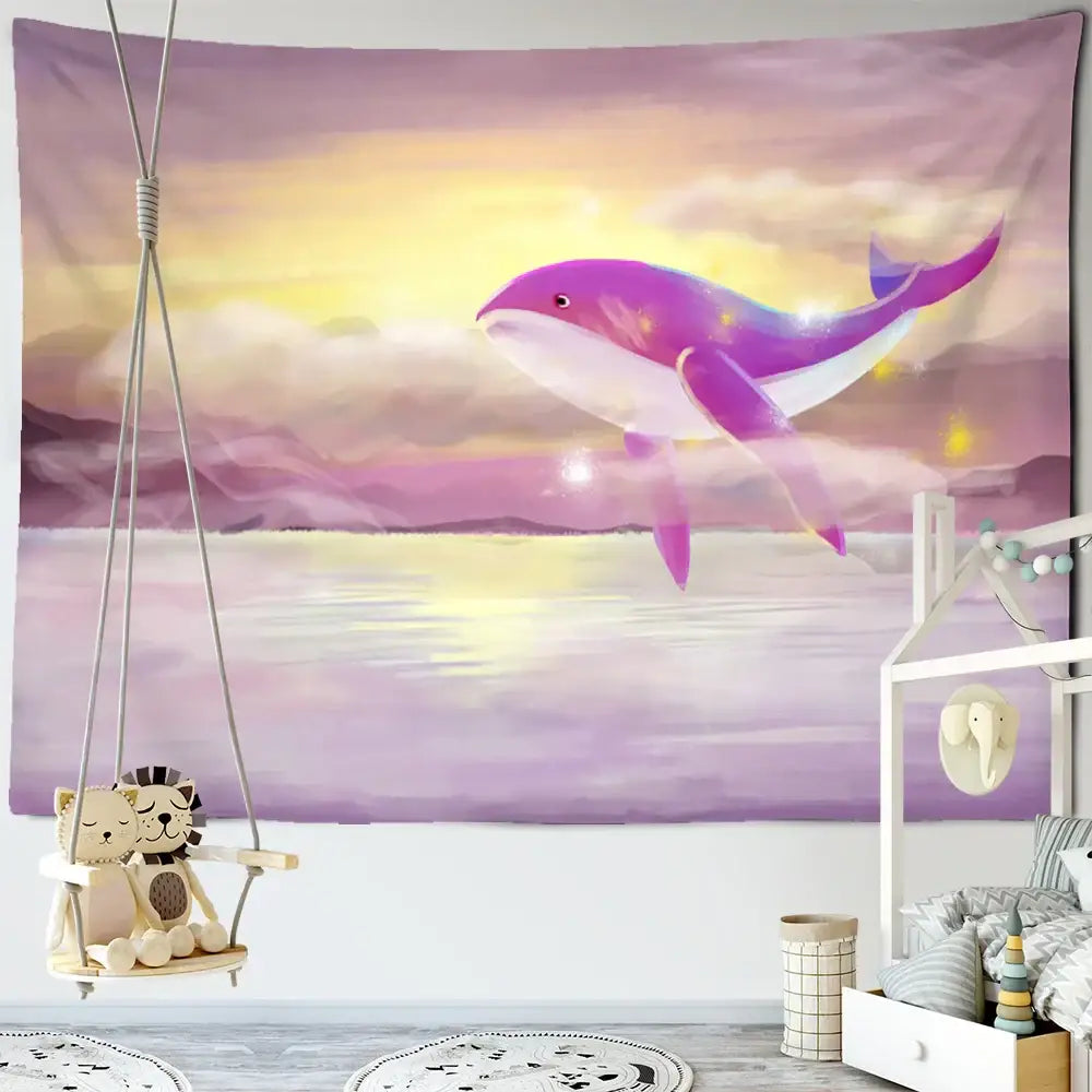 Whimsical teal and white decorbites dream whale tapestry wall hanging featuring a purple and white whale on sunset background