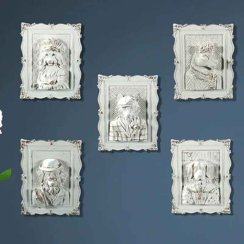 White ornate dog portrait sculptures in a whimsical wall decoration frame for bedroom wall decoration frame