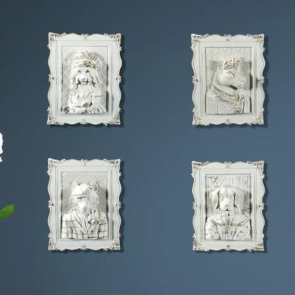 Set of four white ornate-framed 3d dog portraits in regal attire wall decoration frame for bedroom use