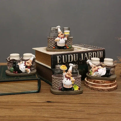 Whimsical white bearded chef resin figure set salt and pepper shakers with woven basket bases kitchen decor