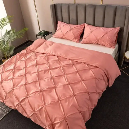 White 3d pinch pleat soft blush pink quilted duvet cover set with satin finish and diamond pattern stitching