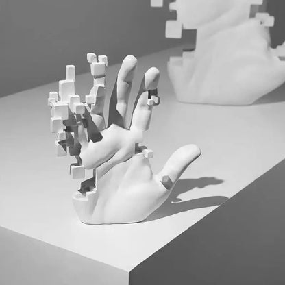 White abstract mosaic sculpture resin figurine with pixelated interlocking cube fingers for living room decorbites decor