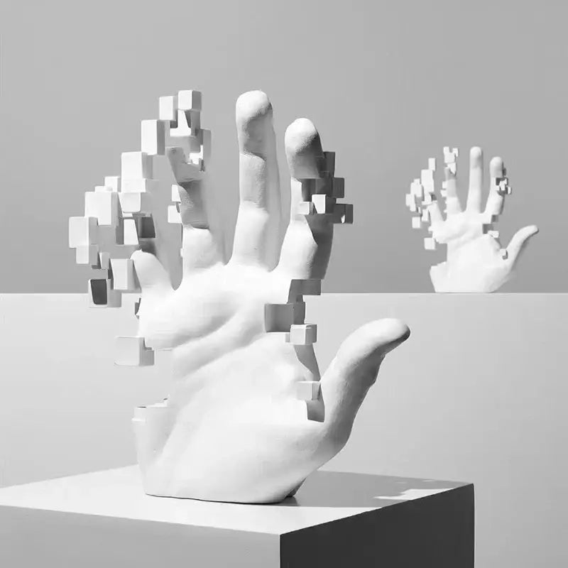 White abstract mosaic sculpture resin figurine with pixelated cube fragments on minimalist pedestal for living room decorbites decor