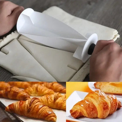 White plastic decorbites croissant bread wheel cutter with black handle for easily shaping dough into crescent forms