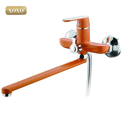 White and chrome orange xoxo bathtub shower faucet with chrome accents and flexible hose for handheld showerhead use