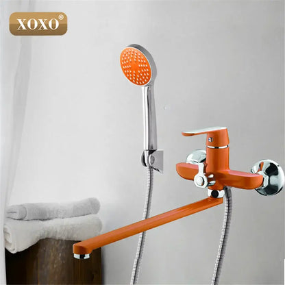 White and chrome bathtub shower faucet set by Orange xoxo featuring chrome accents and matching handheld showerhead