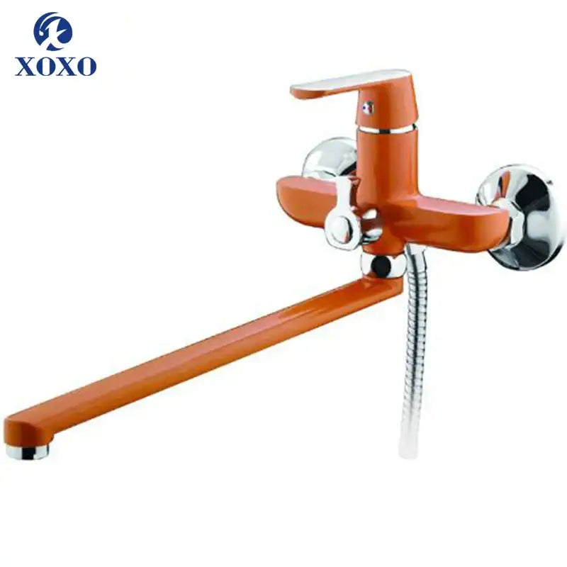 Orange xoxo wall-mounted bathtub shower faucet with chrome accents and flexible hose for bathroom handheld use