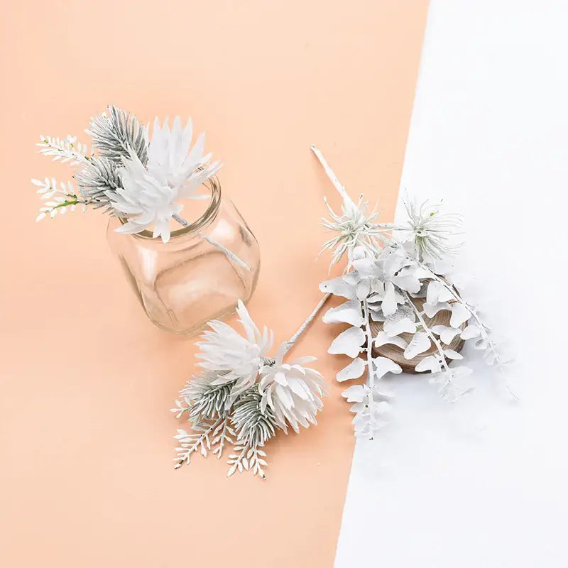 White and frosted green decorbites decorative flowers faux evergreen branches in clear glass jar for wedding bouquet decor