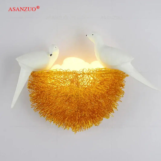 White and gold ceramic birds nest wall lamp with warm internal light for children room nest wall lamp