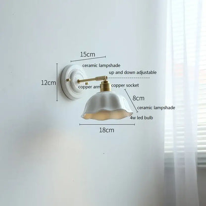 White and gold ceramic led wall light with a fluted lampshade and brass copper arm by decorbites ceramic led for bedroom decor