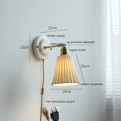 White and gold ceramic led wall light with a brass copper arm and cream ceramic lampshade for decorbites ceramic led wall use