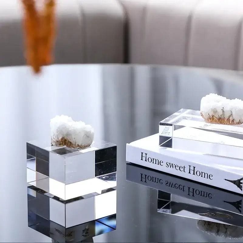 Clear acrylic cube display stands topped with white crystalline geode for crystal coralline ornaments living room decor