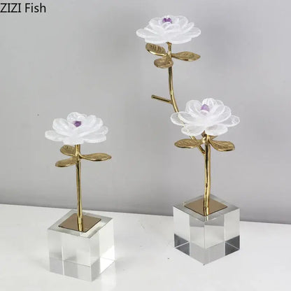White and gold crystal flower branch desk ornament with glass flowers and gold stems on clear crystal base decorbites decor