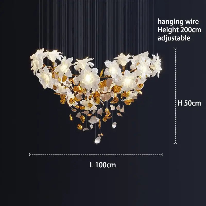 Elegant white and gold crystal flower luxury chandelier with illuminated orchid petals for dining room decorbites crystal flower
