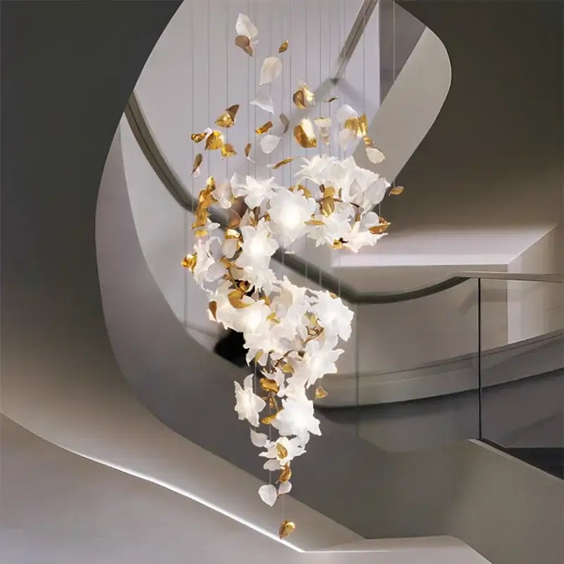 Elegant white and gold crystal flower luxury chandelier with delicate orchid-inspired floral decorbites design for dining room light