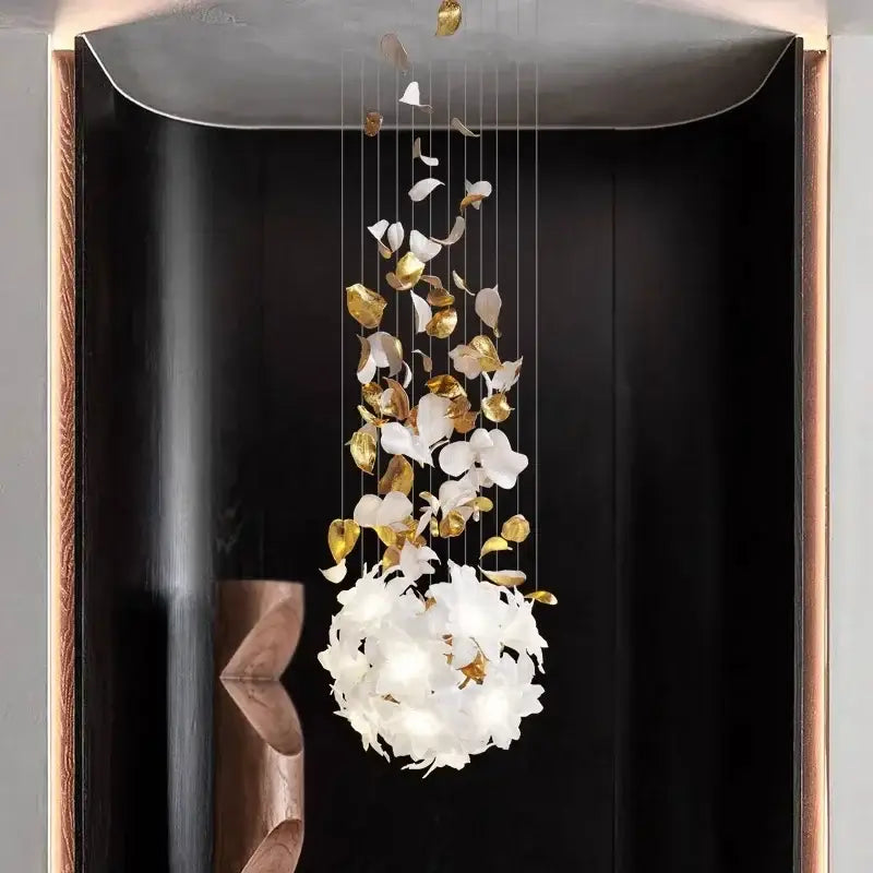 Elegant white and gold crystal flower luxury chandelier with delicate suspended petals for dining room decorbites lighting