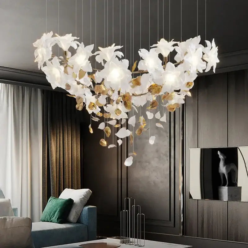 Elegant white and gold crystal flower luxury chandelier with translucent orchid petals for dining room decorbites crystal flower